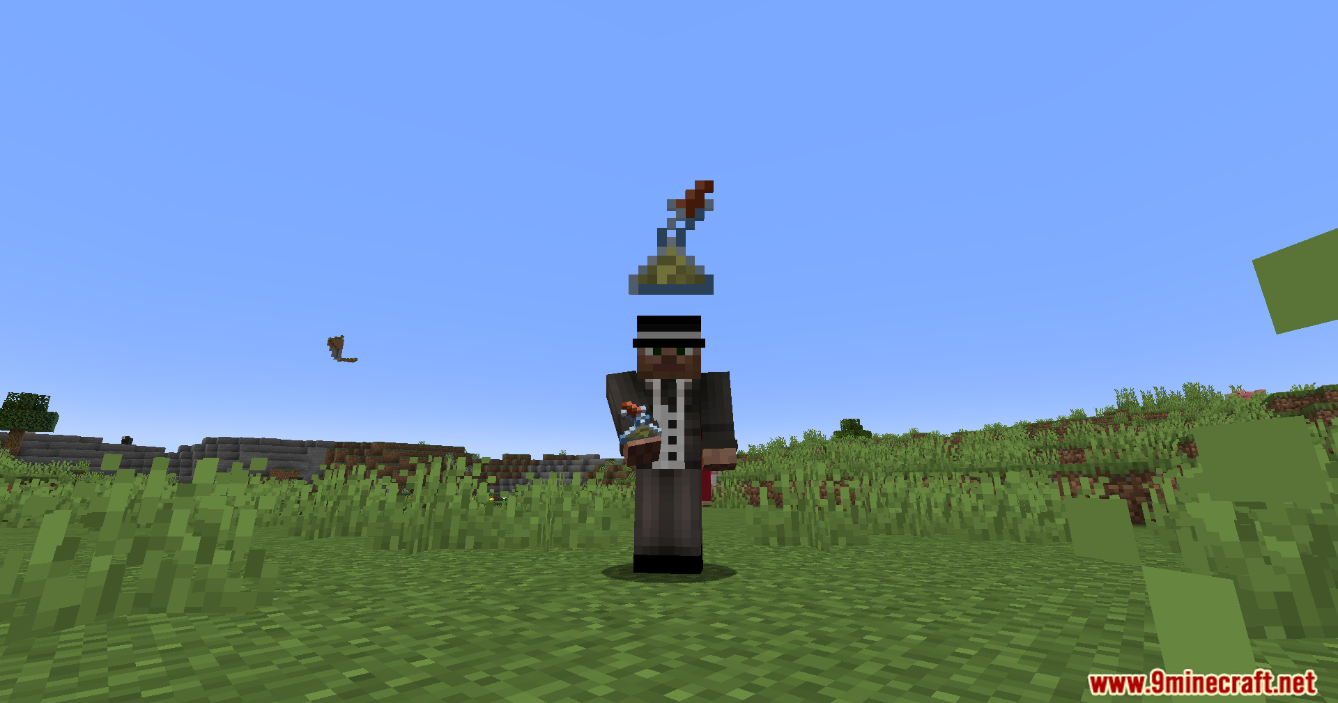 Player holding a uniquely shaped potion bottle with a floating icon overhead