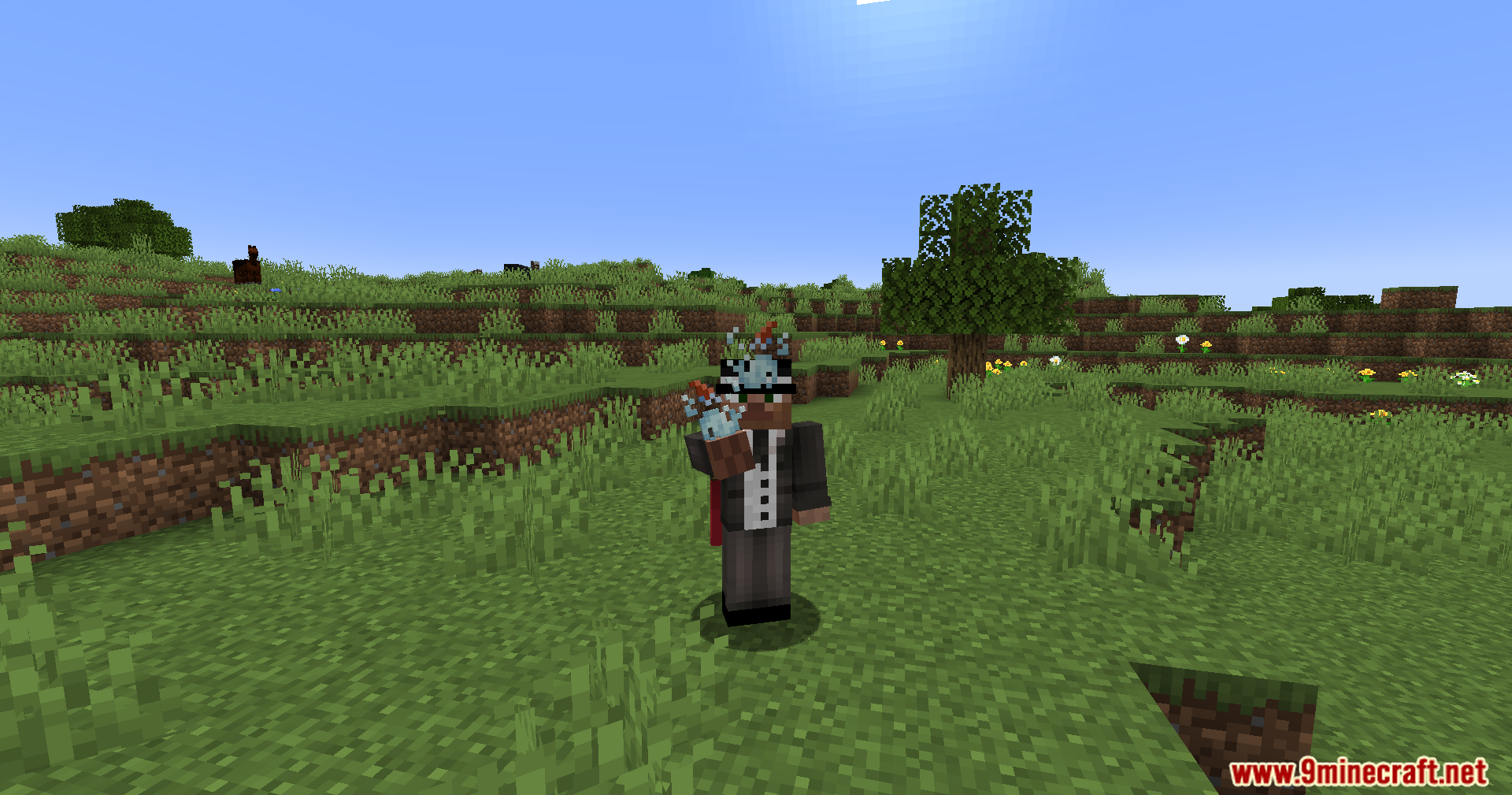 A character wearing a suit holding a blue potion with a custom shape