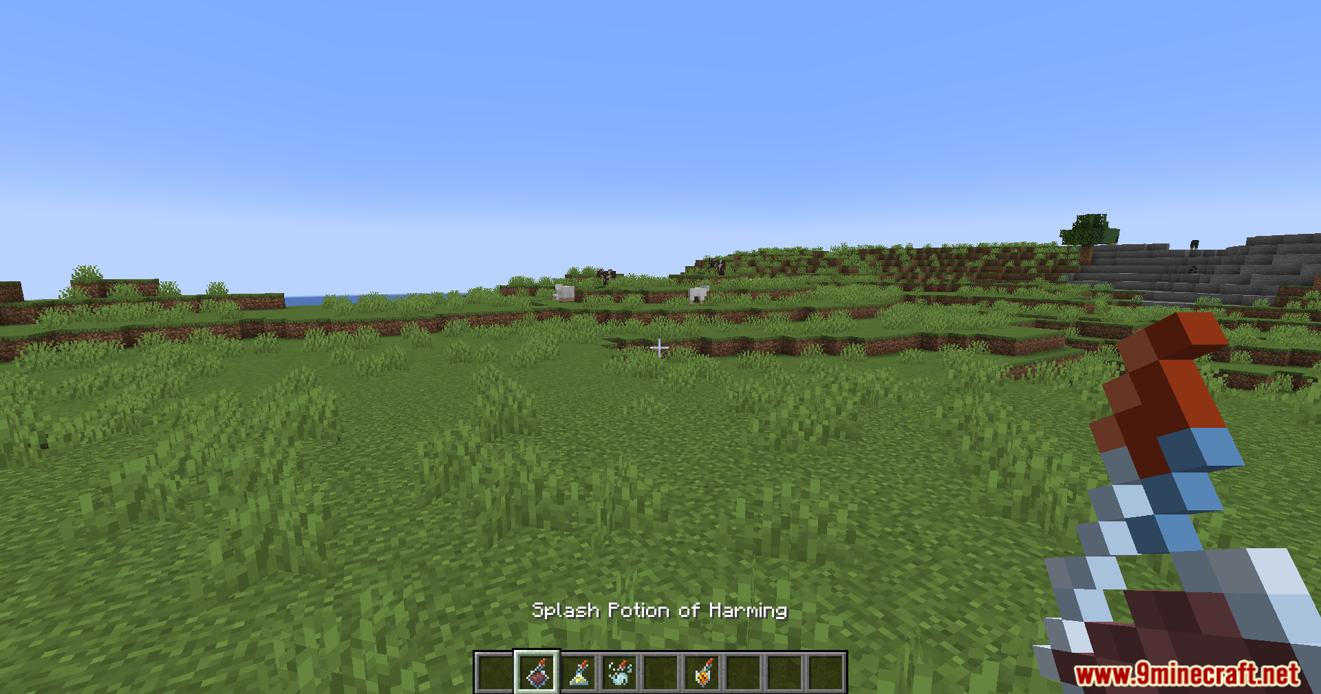 First person view of a player holding a uniquely shaped splash potion bottle