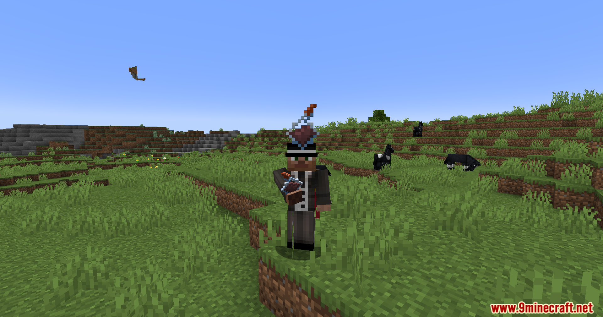 A player character holding a redesigned potion bottle in a grassy field