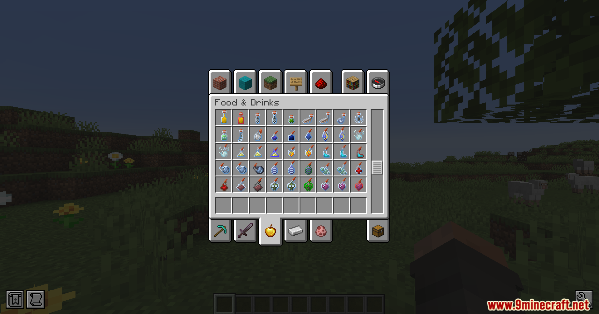 Beautiful Potions Mod displays various uniquely shaped potion bottles in the inventory