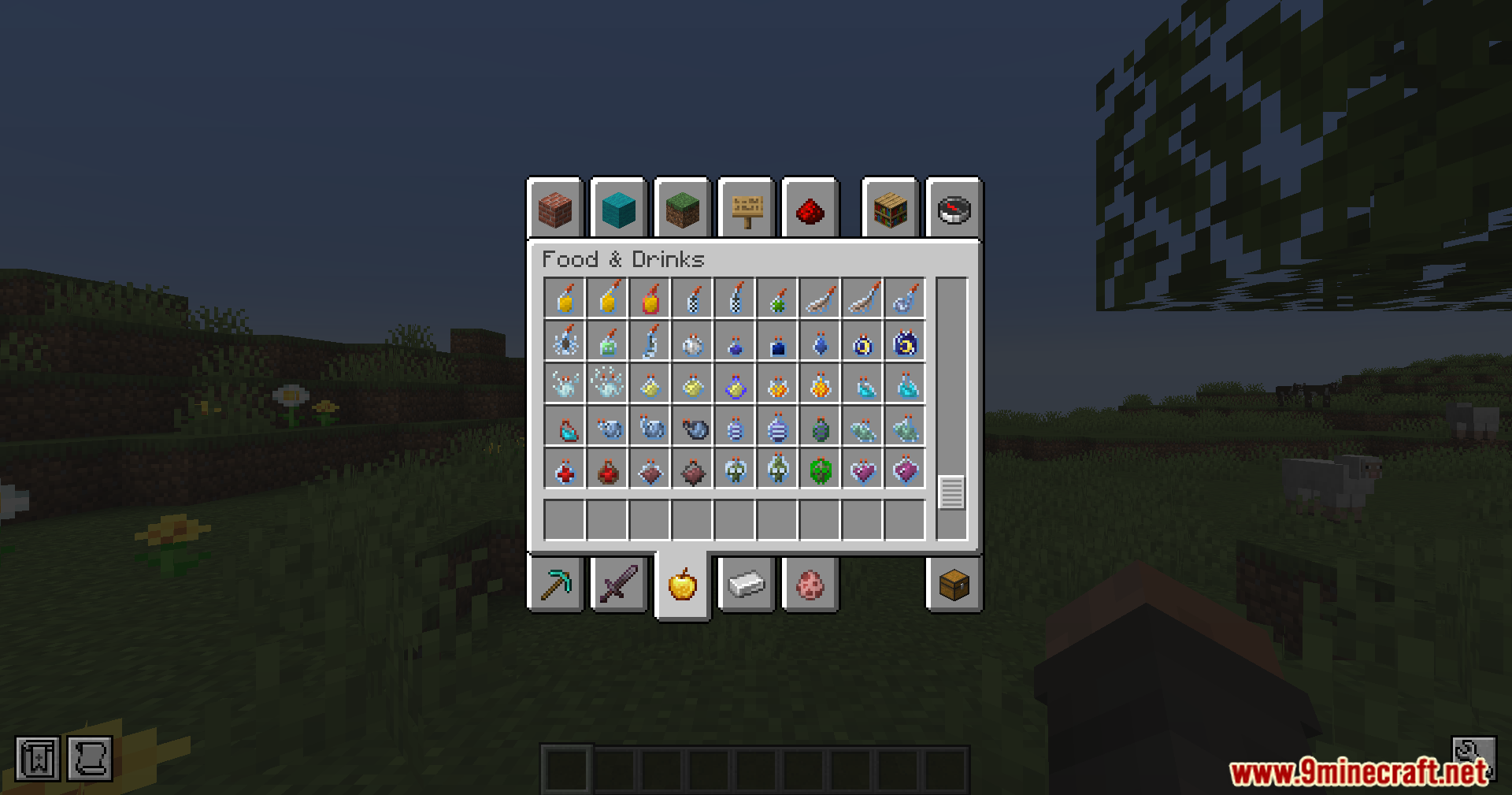 A creative inventory tab filled with colorful and distinct potion bottle designs
