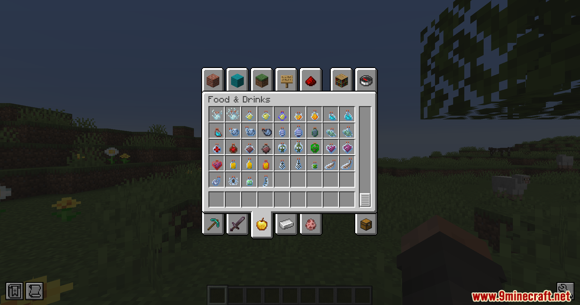 Beautiful Potions Mod displays various unique bottle shapes in the creative inventory