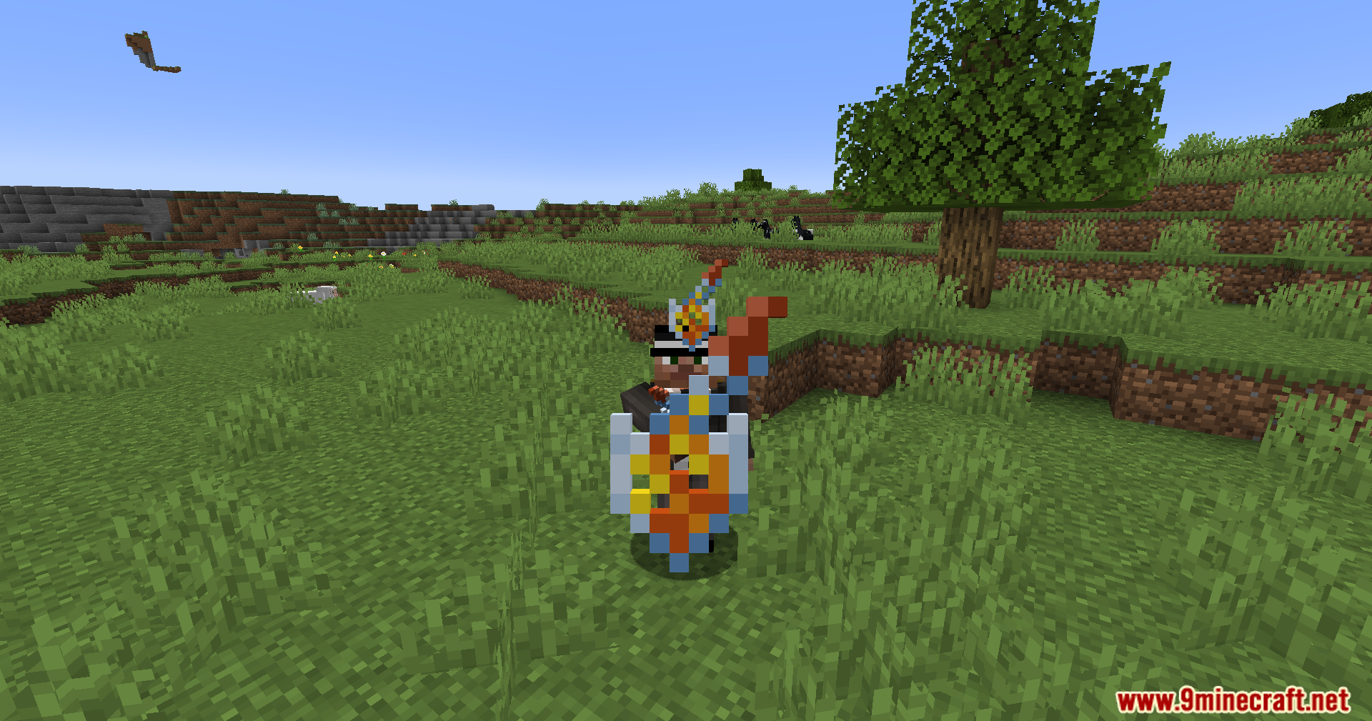 A Minecraft player wearing a suit holds a colorful custom shield and sword