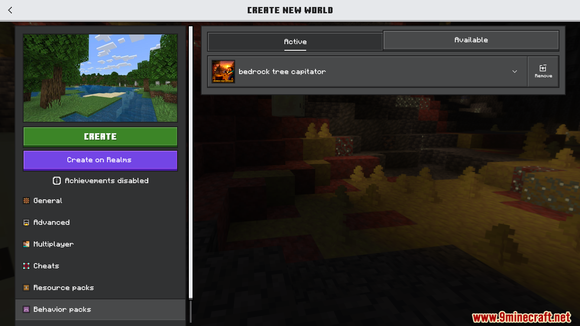 Activating the Bedrock Tree Capitator behavior pack in the world creation menu