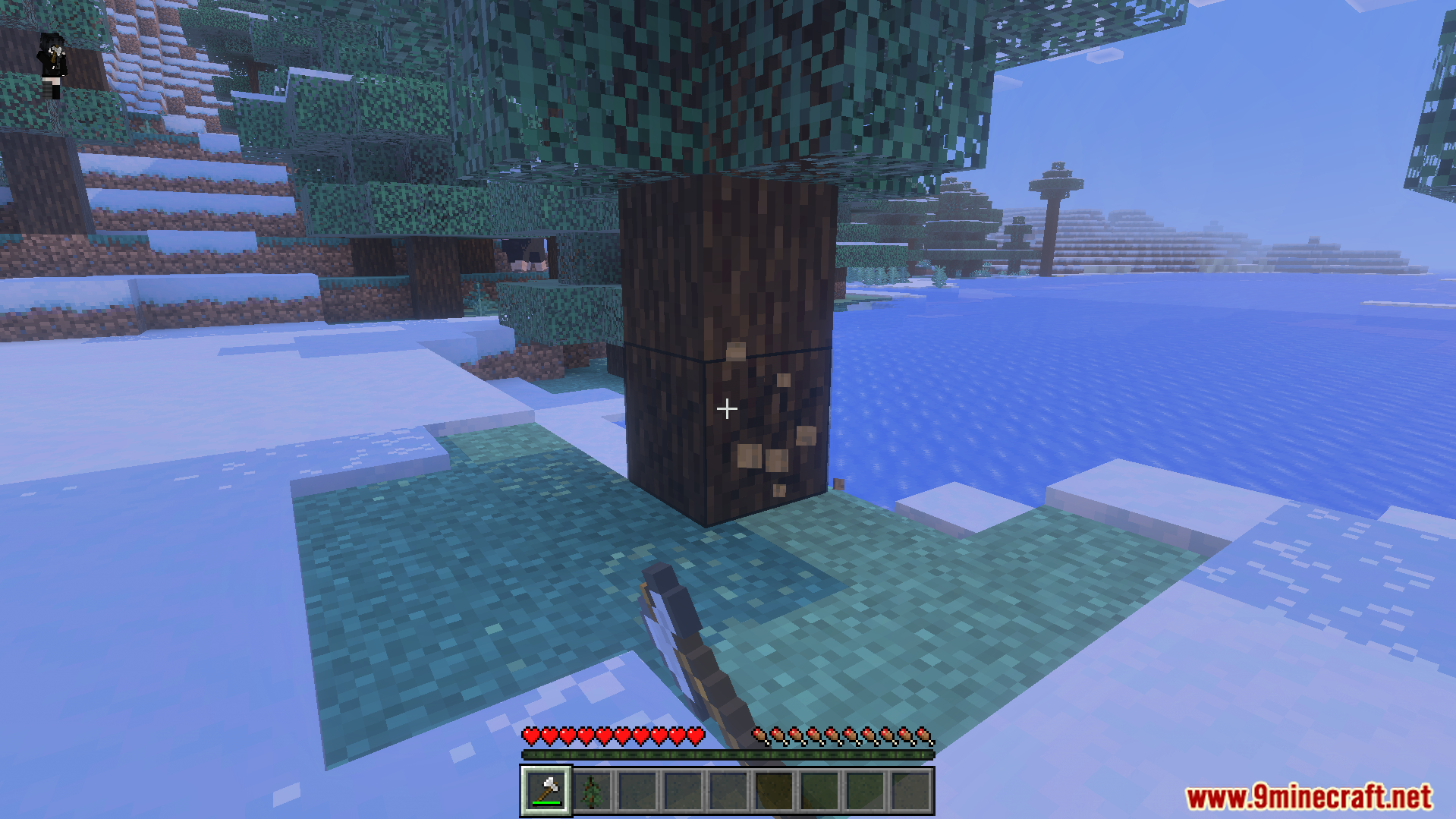 Player using an axe to chop a spruce tree near the water