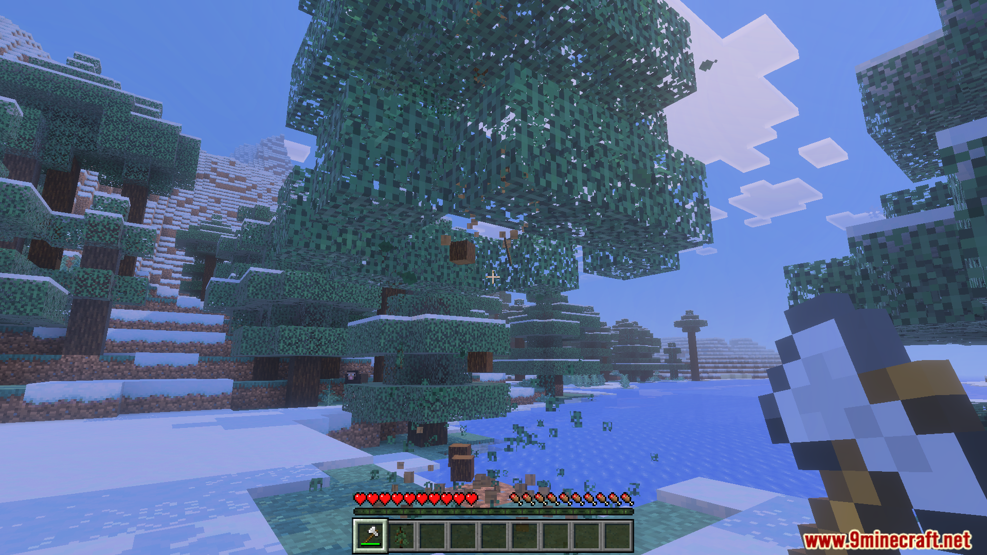 Player using an axe to chop a large spruce tree in snowy biome
