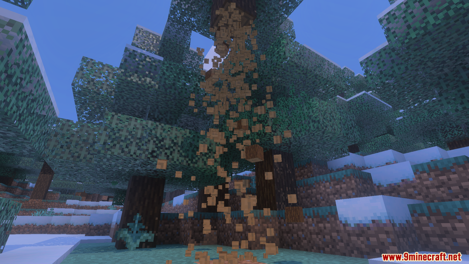Bedrock Tree Capitator Addon breaking a spruce tree in a snowy forest