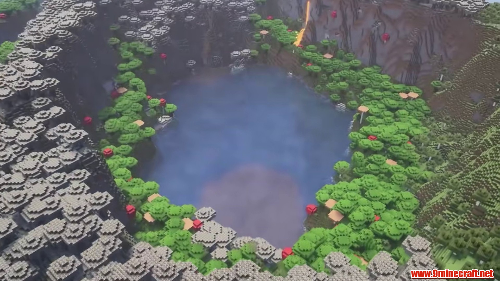 Pale garden forest surrounding a deep lake basin