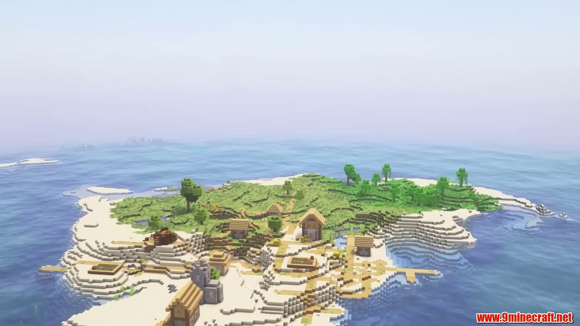 Compact village island surrounded by ocean