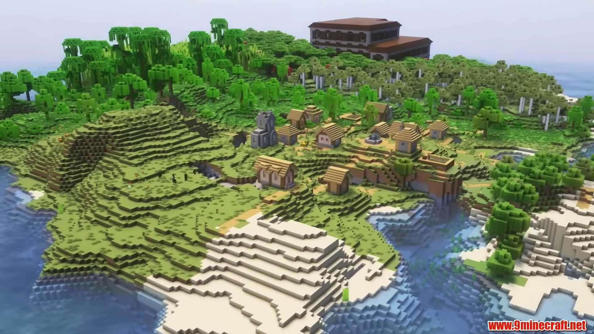 Island village near a woodland mansion