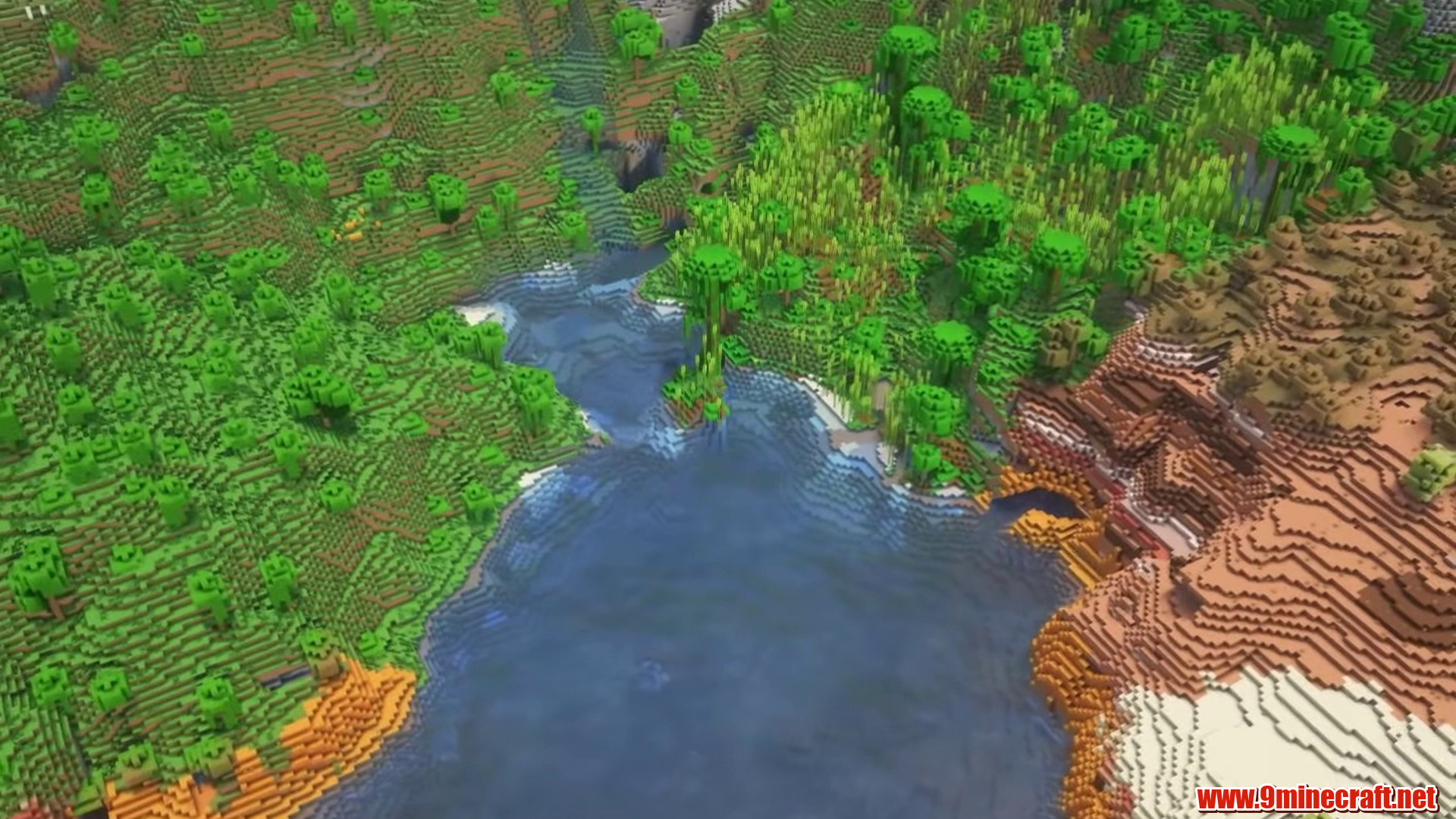 Jungle lake meeting orange badlands terrain