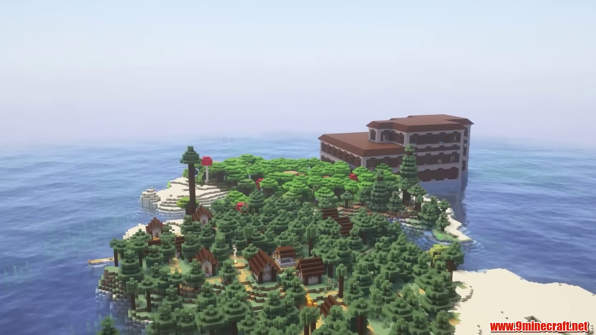 Woodland mansion and village sharing a compact island
