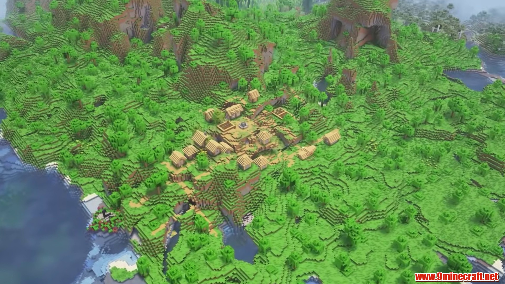 Green Collins village in Minecraft seed 6942694272148714401