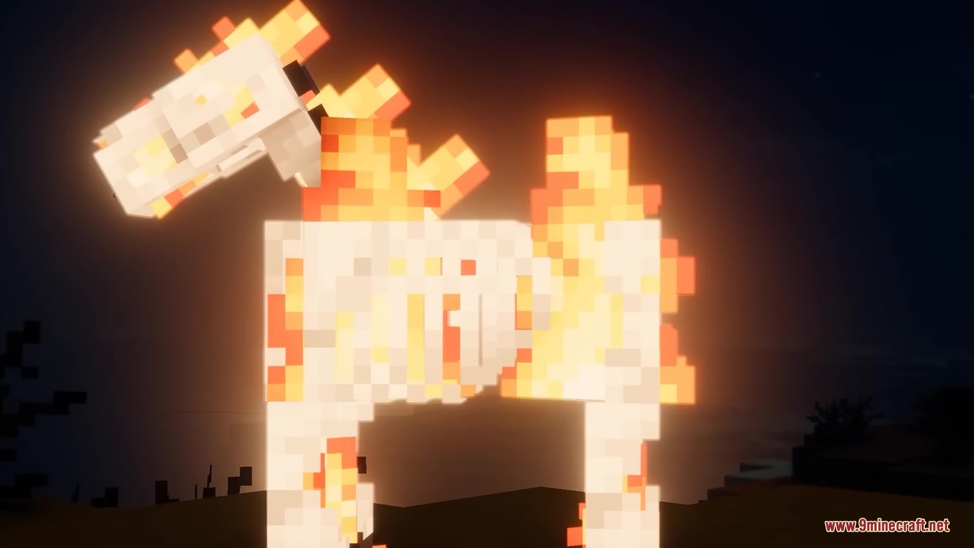 Better Attack Sweep Resource Pack Screenshot 1 A glowing skeleton horse on fire stands in a dark Minecraft landscape at night