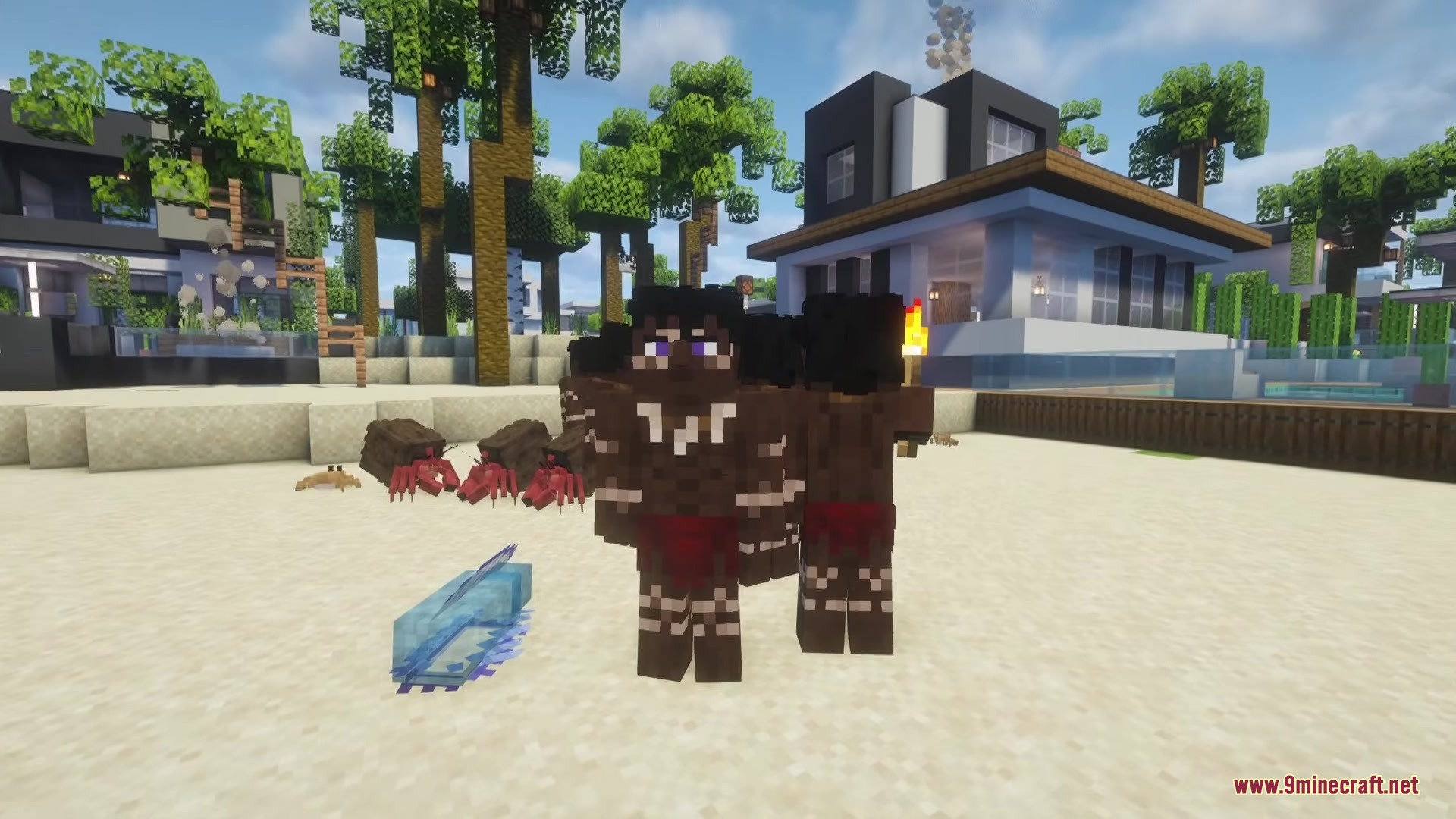Hostile cannibals with white body paint standing near modern beach houses