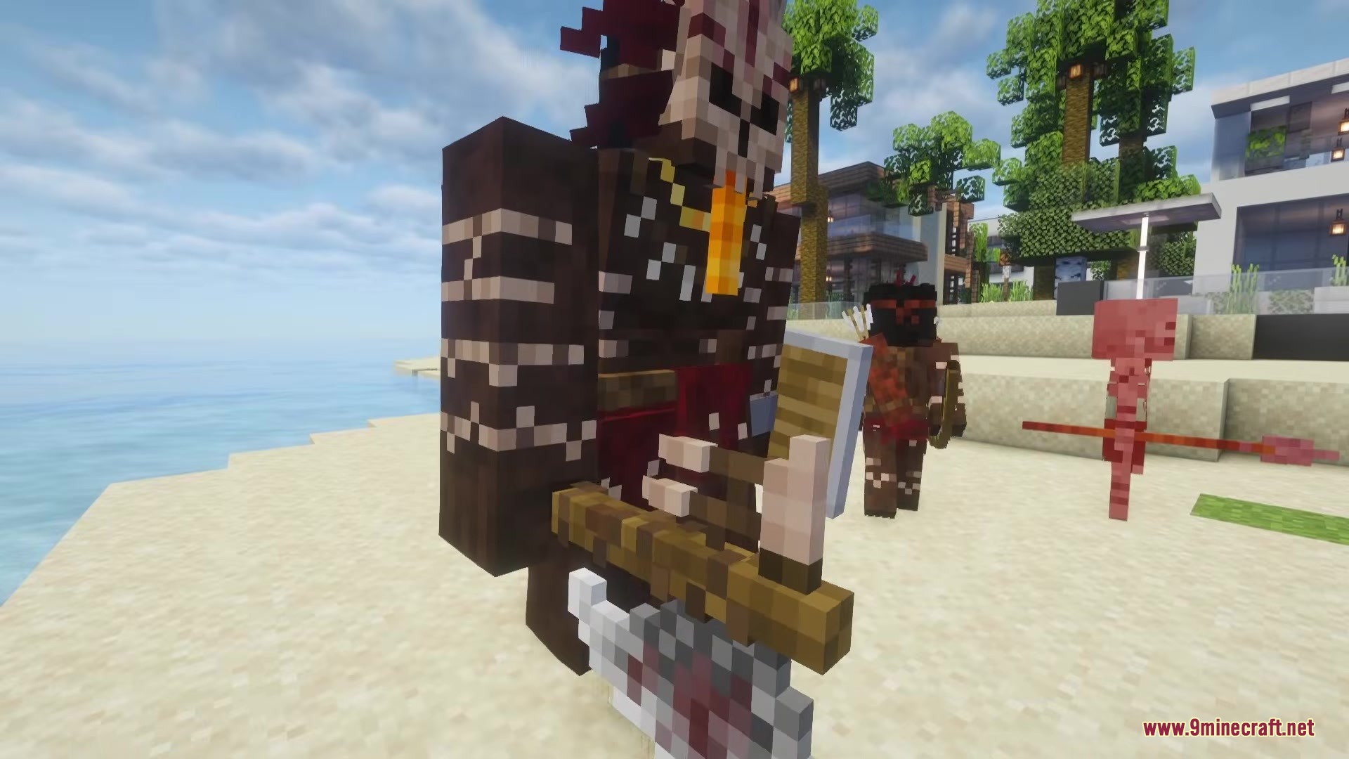 A tribal cannibal wearing a skull mask stands on a sandy tropical beach