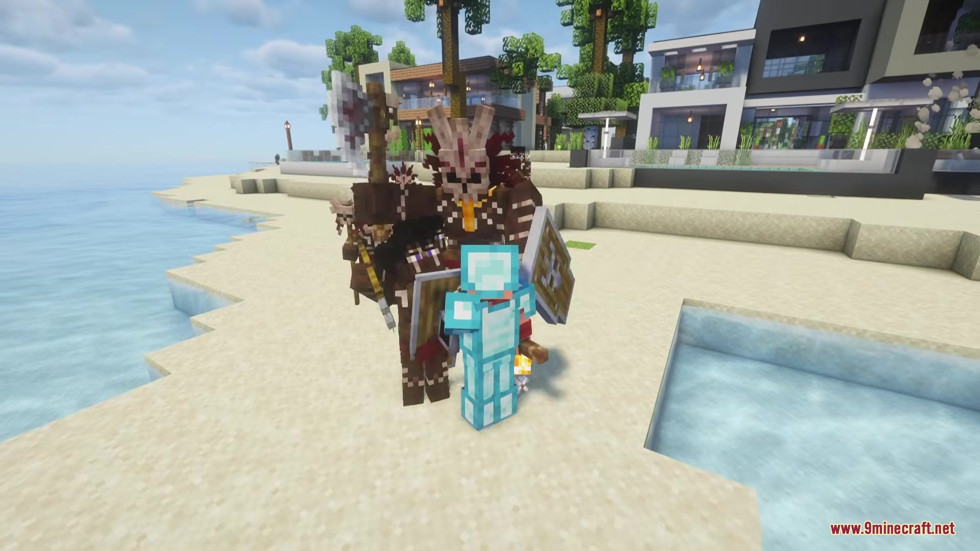 Player in diamond armor standing next to hostile tribal cannibals on a beach