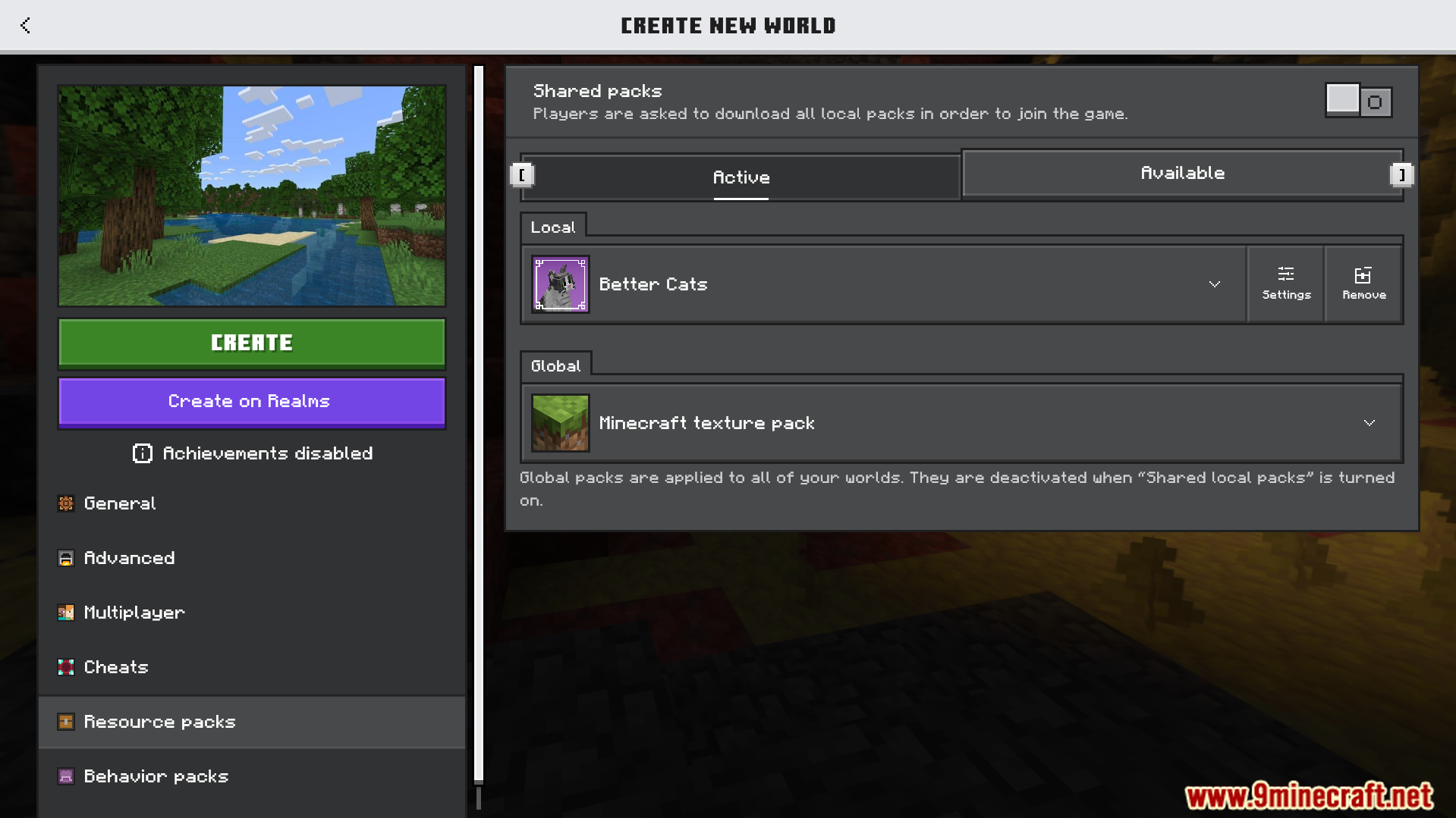 Better Cats Texture Pack Screenshot 1 Resource pack settings menu with the Better Cats texture pack enabled for world