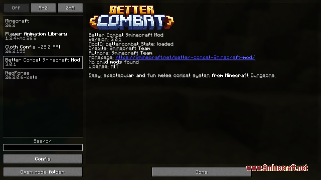 The mod's information page in the in-game mods list, showing the loaded state and a clickable homepage link