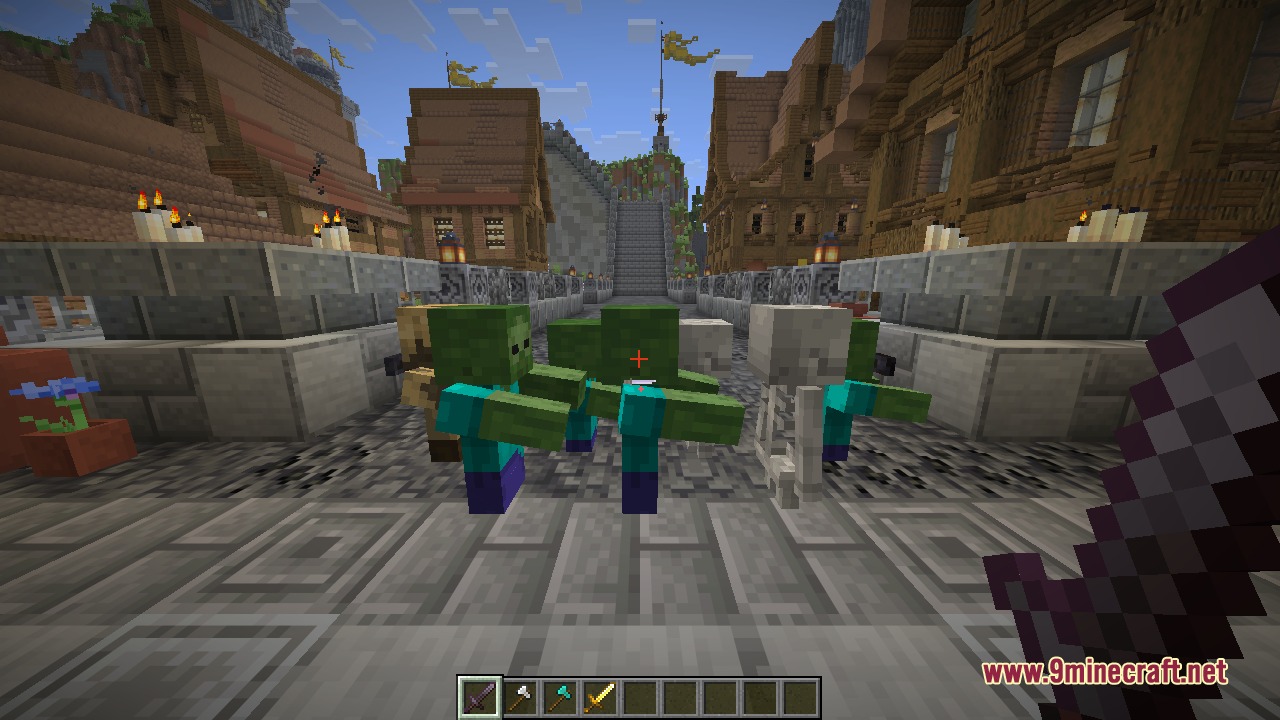 Lining up a netherite sword swing on a cluster of zombies and a skeleton, with the red attack-indicator crosshair showing the strike is ready