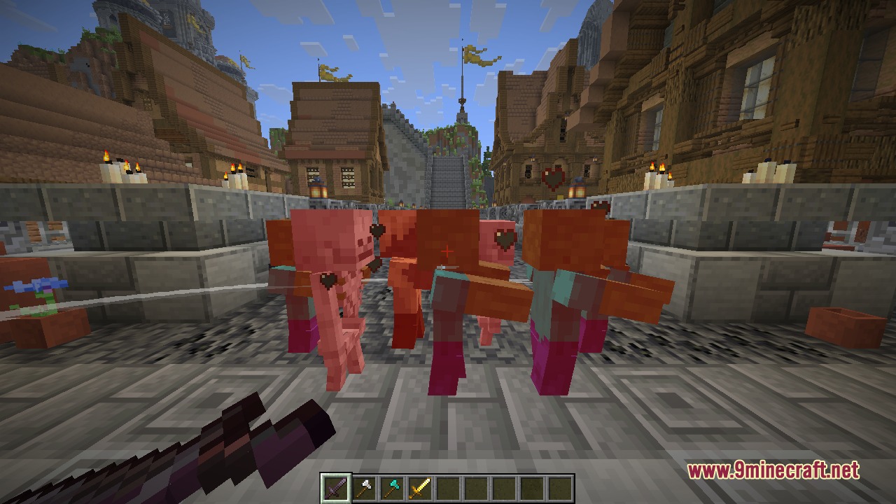 The multi-target sweeping attack damaging a full row of mobs in one swing