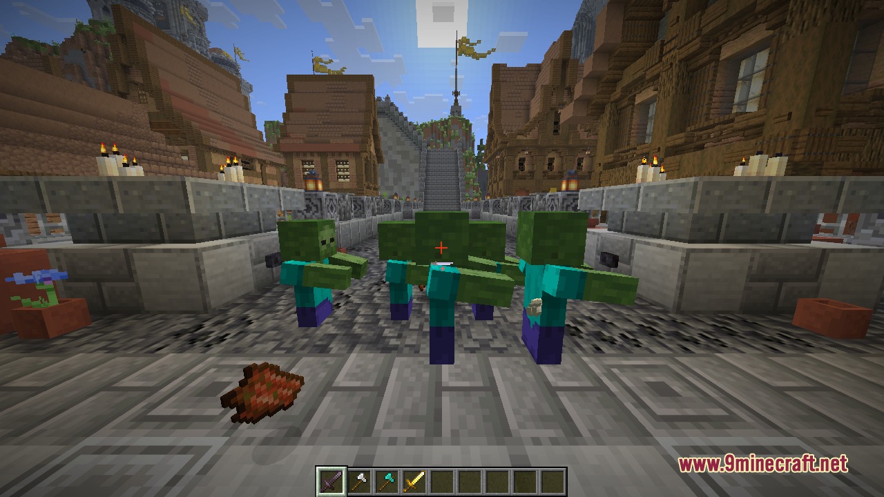 Zombies closing in down a village street while the swing timing resets between attacks