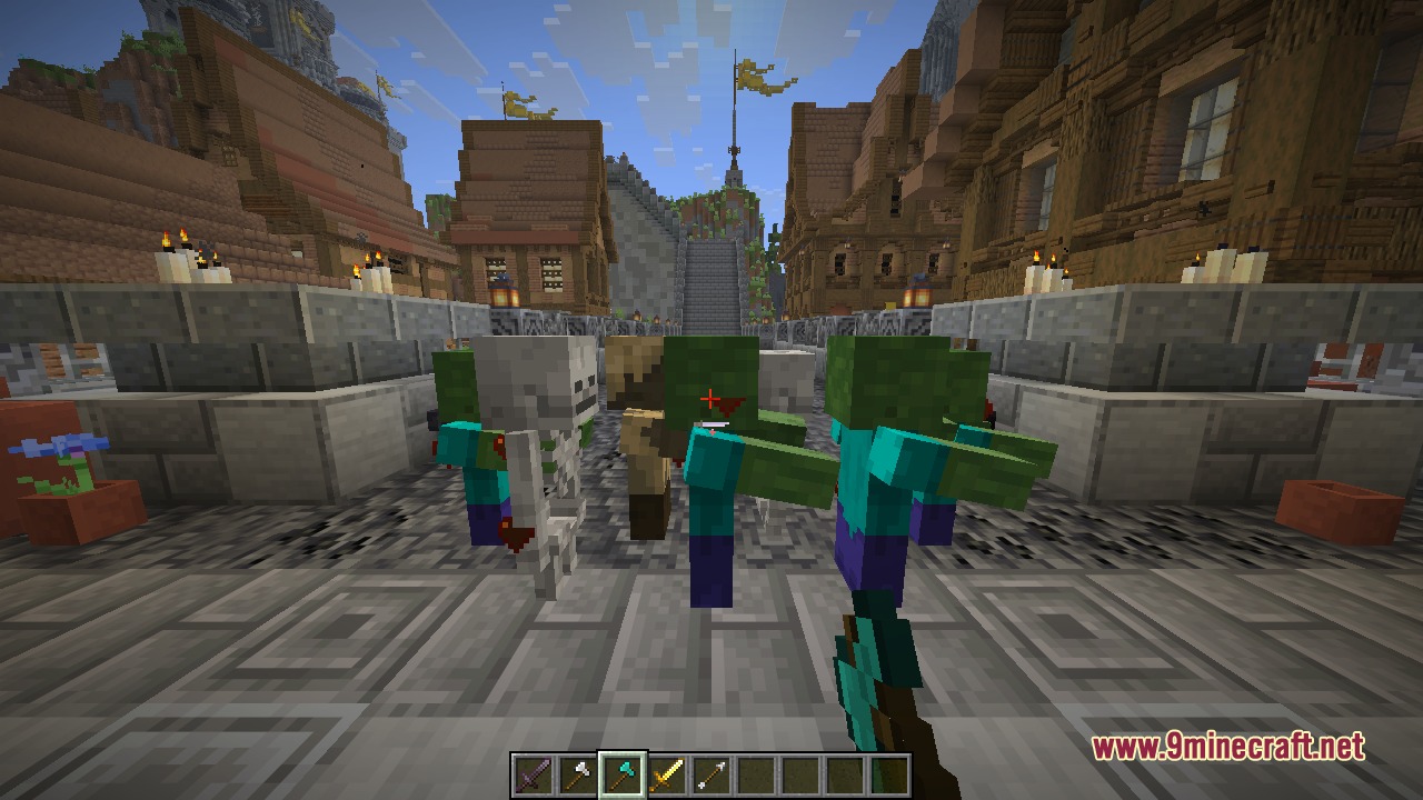 One strike landing across a mixed group of zombies and a skeleton, each taking damage from the same swing