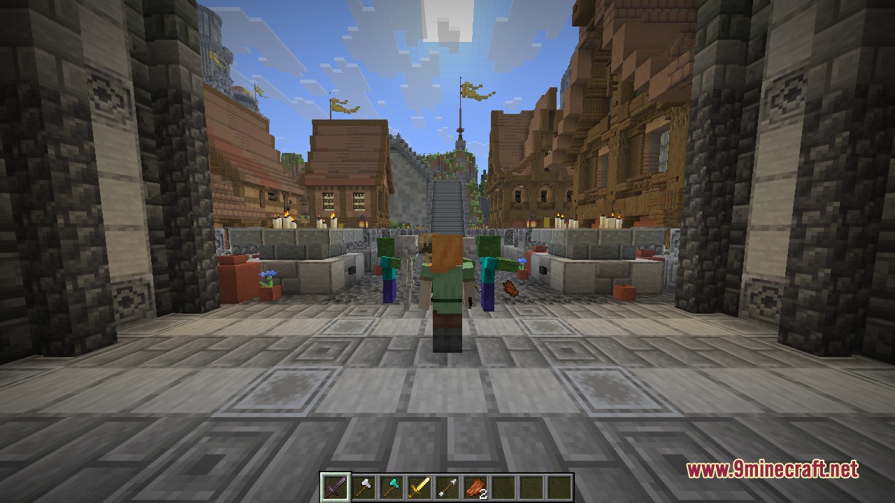 Third-person look at the player standing among the mobs, weapon lowered and ready for the next attack