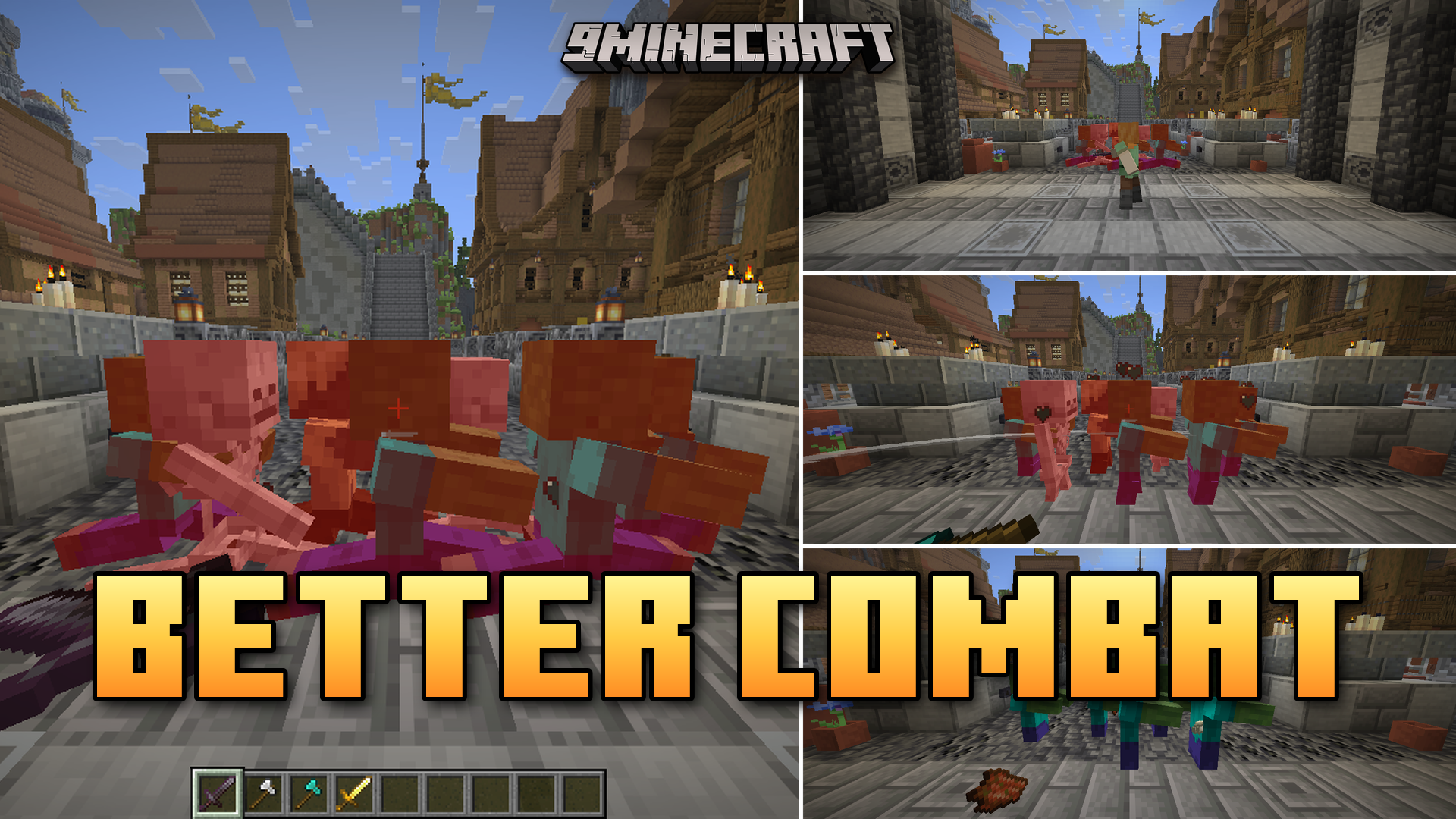 The Better Combat 9minecraft Mod adds a Minecraft Dungeons-style melee system with sweeping multi-target swings, extended attack range, and weapon swing animations