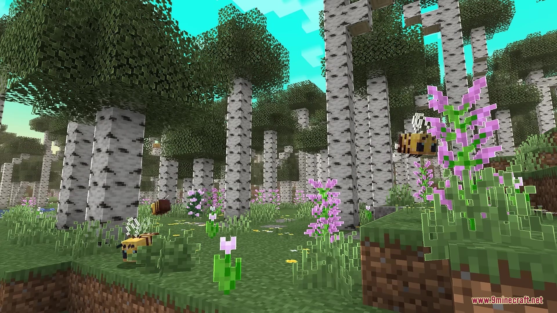 Better Diminishing Tools Resource Pack Screenshot 1 Several bees flying near pink flowers in a dense birch forest biome