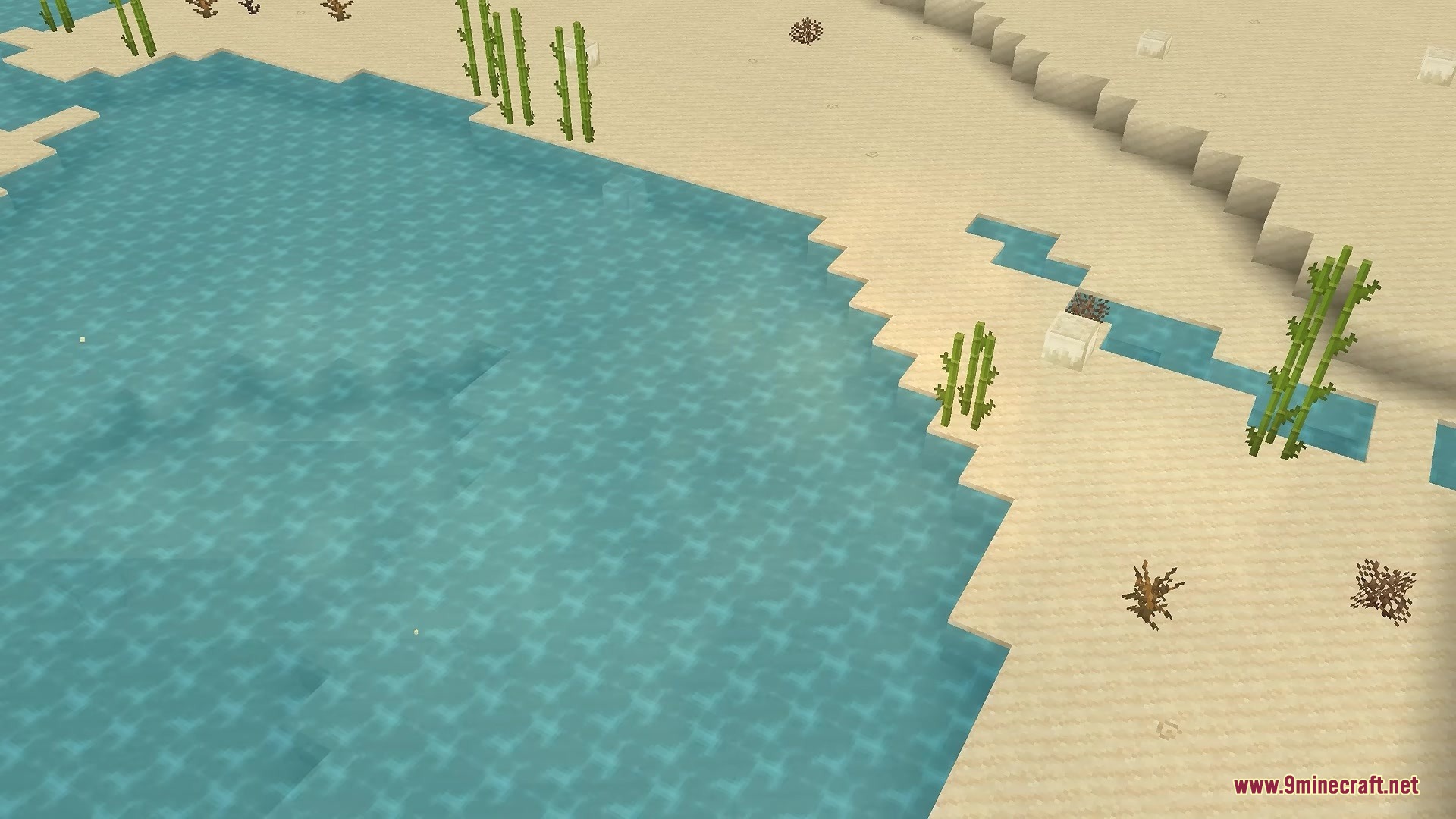 Better Diminishing Tools Resource Pack Screenshot 10 Sugar cane and dead bushes grow near a pool in the sandy desert