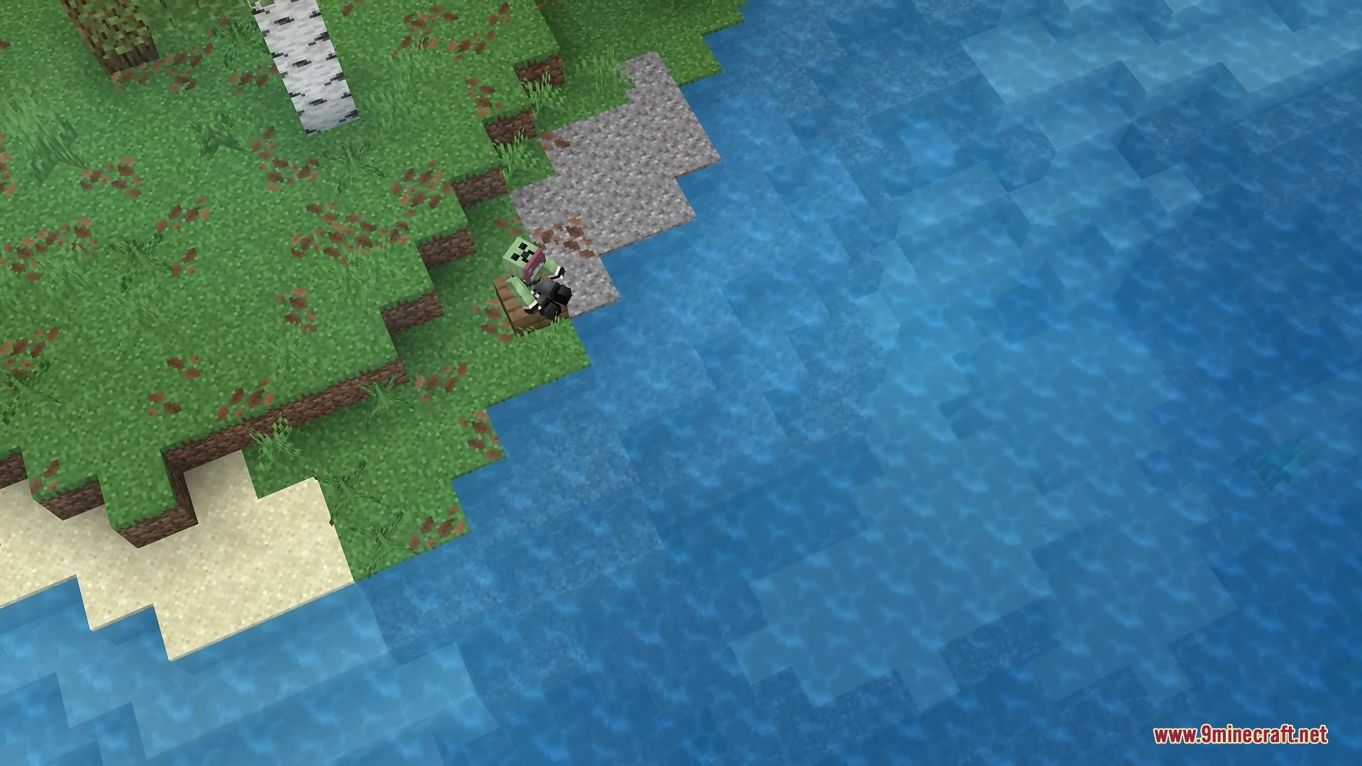 Better Diminishing Tools Resource Pack Screenshot 2 Top down view of a player encountering a creeper near the water