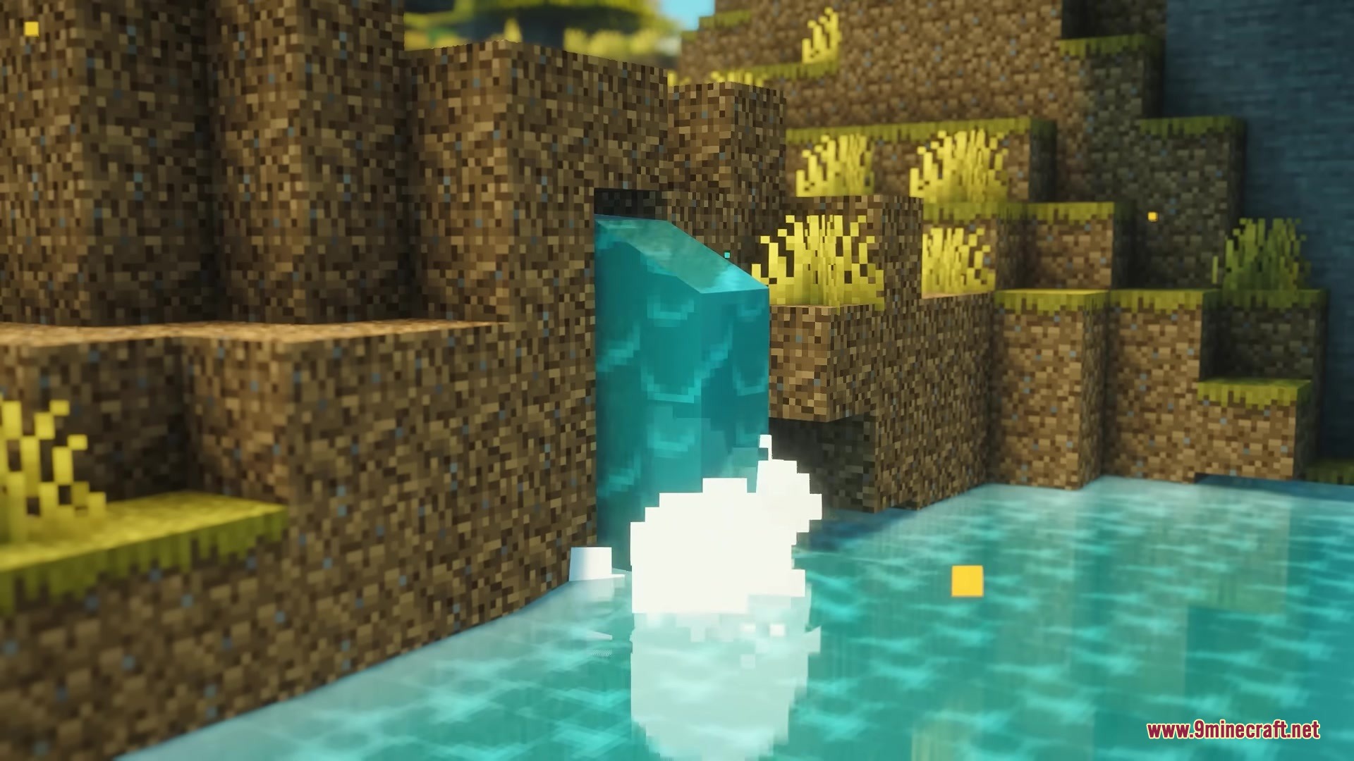 Better Diminishing Tools Resource Pack Screenshot 4 A white rabbit sits by a small waterfall in a lush Minecraft world