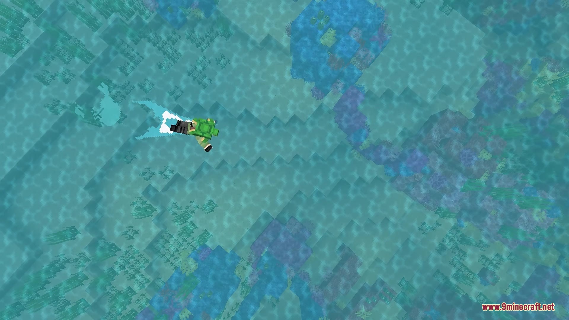 Better Diminishing Tools Resource Pack Screenshot 5 A Minecraft player wearing green armor swimming through a deep blue ocean