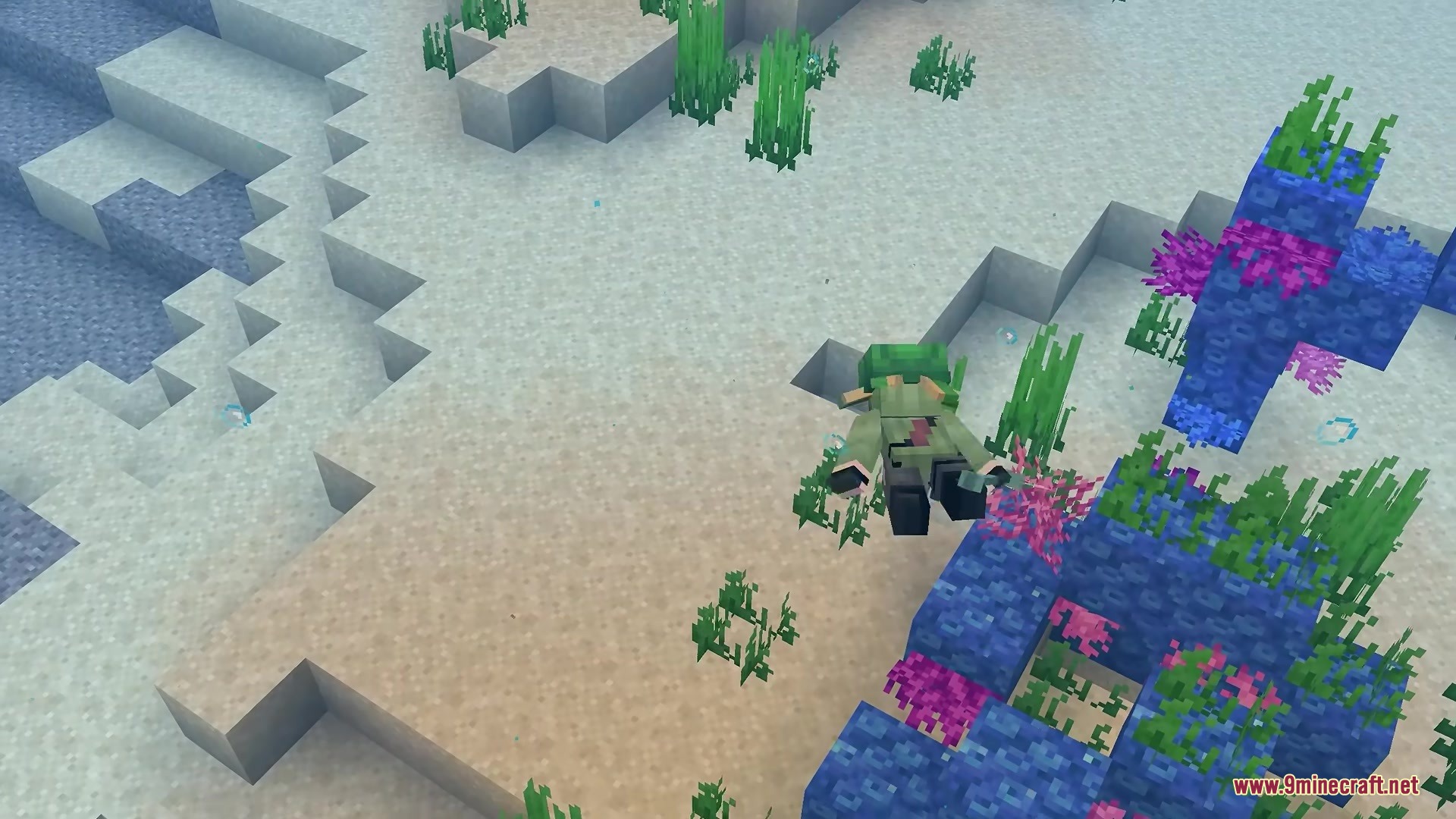 Better Diminishing Tools Resource Pack Screenshot 6 A player wearing damaged green armor swimming near colorful coral on the seabed