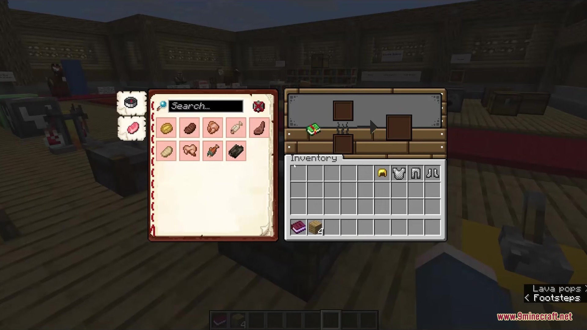 A custom wooden smoker interface displaying food recipes and player inventory items