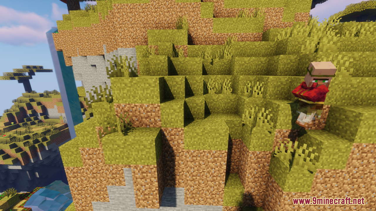 A savanna villager stands on a hill featuring smooth connected grass textures