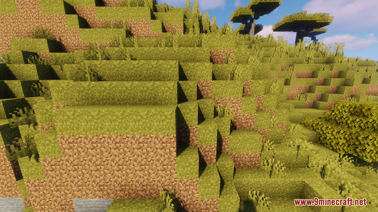 Connected grass textures create a smooth look on a hilly savanna landscape