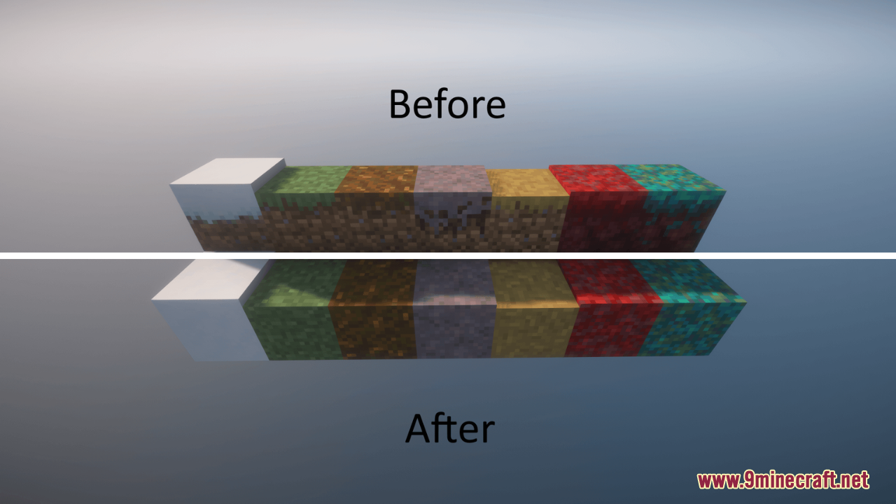 Before and after comparison of connected textures for various Minecraft ground blocks