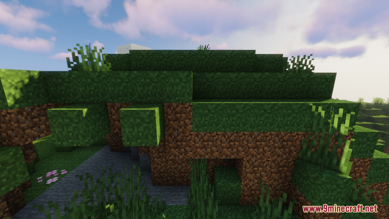 A grassy hill showcasing connected textures on the sides of dirt blocks