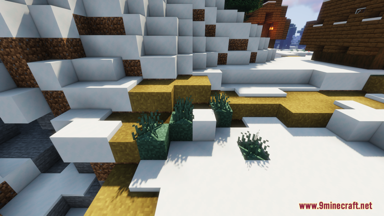 Snowy grass blocks with connected textures in a cold Minecraft mountain biome