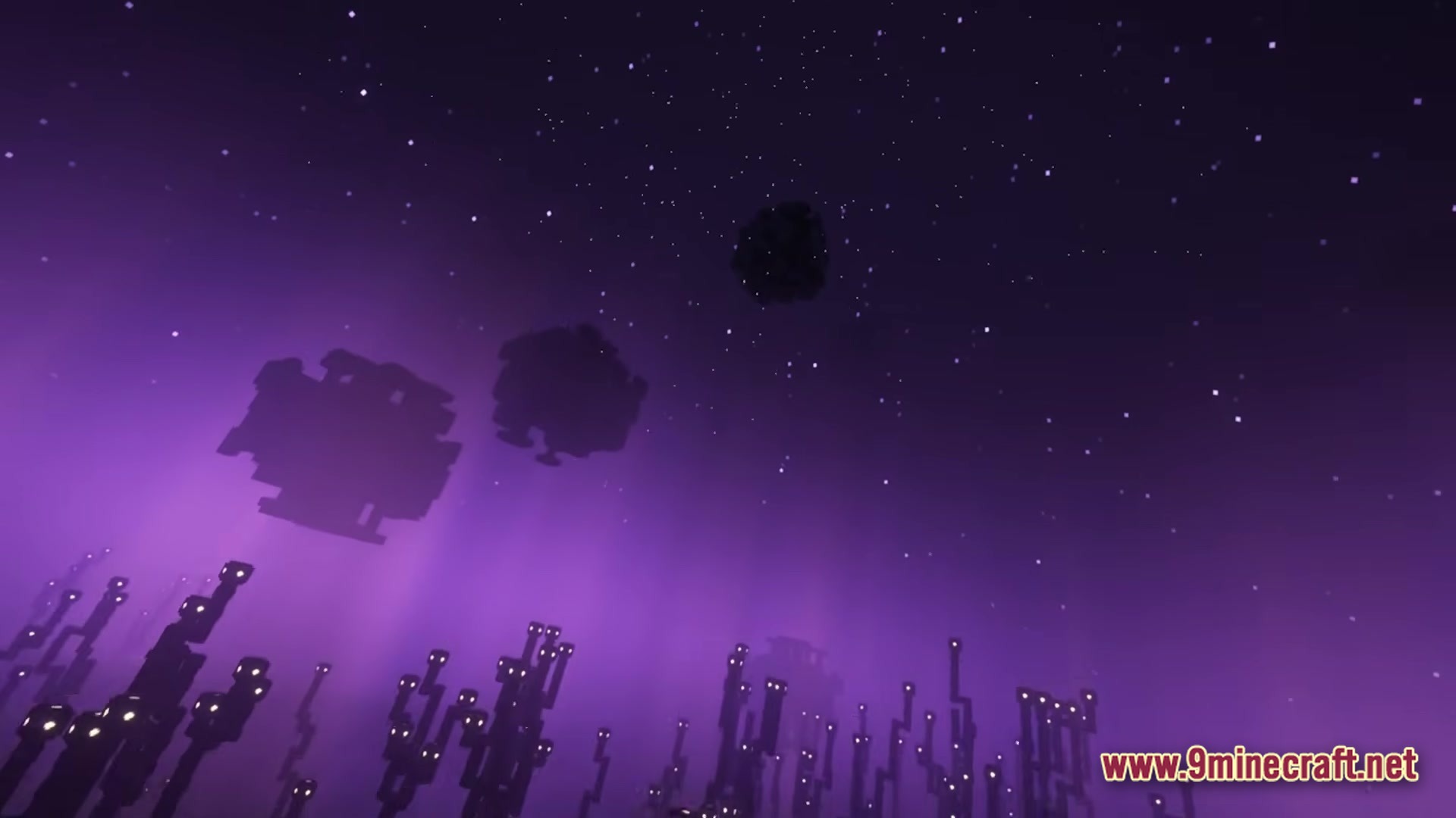 Better MC BMC2 Modpack Screenshot 1 Floating islands and glowing flora under a starry purple sky in a modified End dimension biome