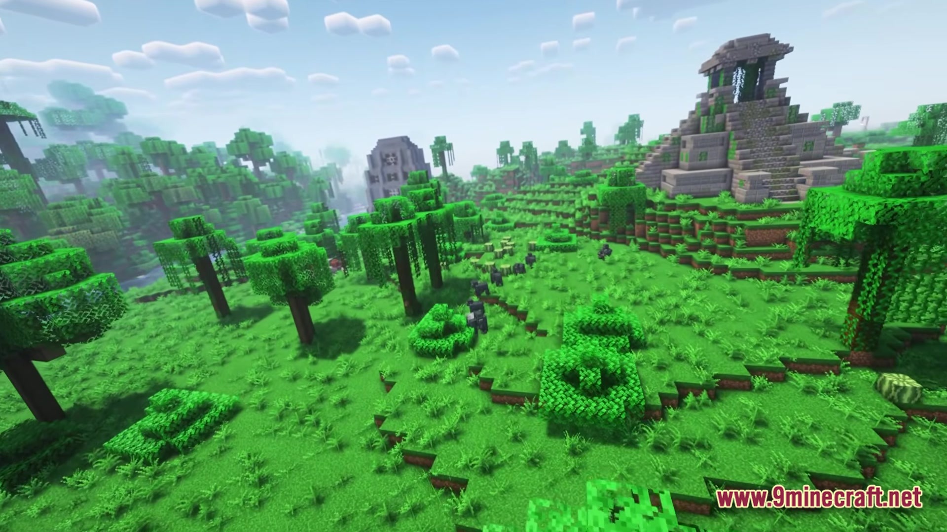 Better MC BMC2 Modpack Screenshot 4 A stone temple and ancient ruins stand within a lush jungle biome featuring custom trees and shaders