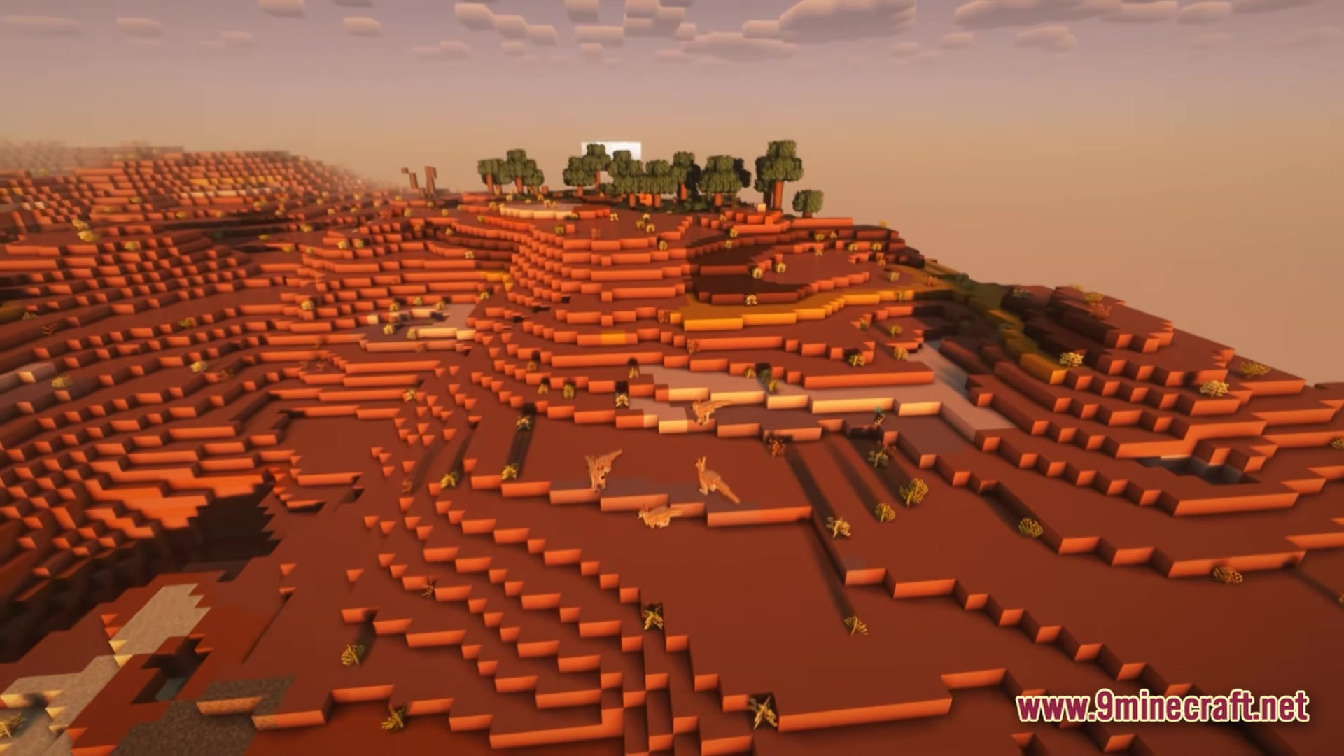 Better MC BMC2 Modpack Screenshot 5 A group of kangaroos roaming across a vast badlands biome during a sunset with shaders enabled