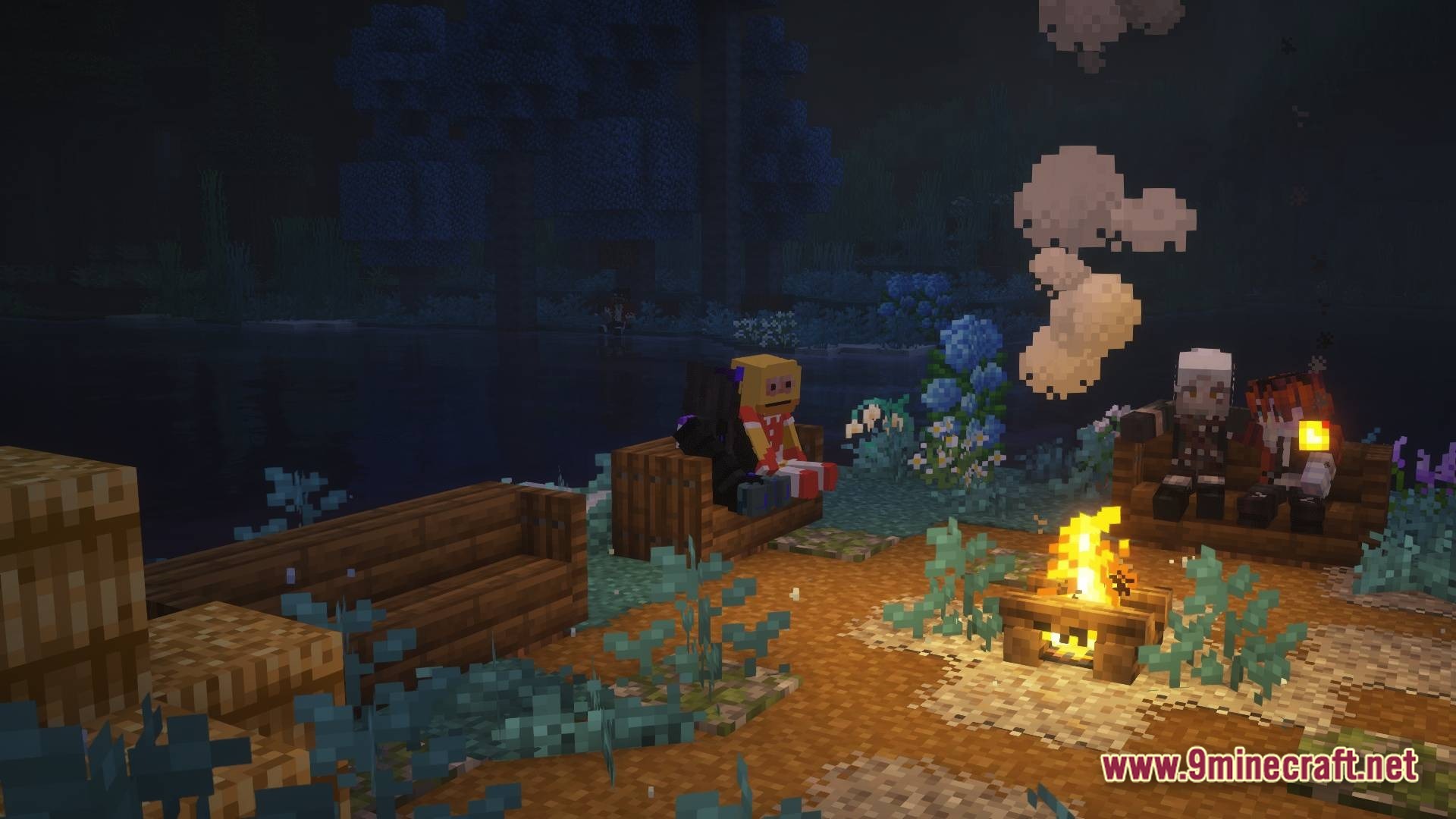 Players sitting on wooden benches around a lit campfire in a dark forest biome at night