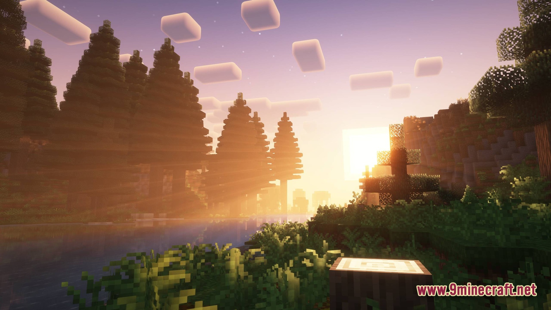 A sunset over a river in a coniferous forest biome with shaders and custom terrain