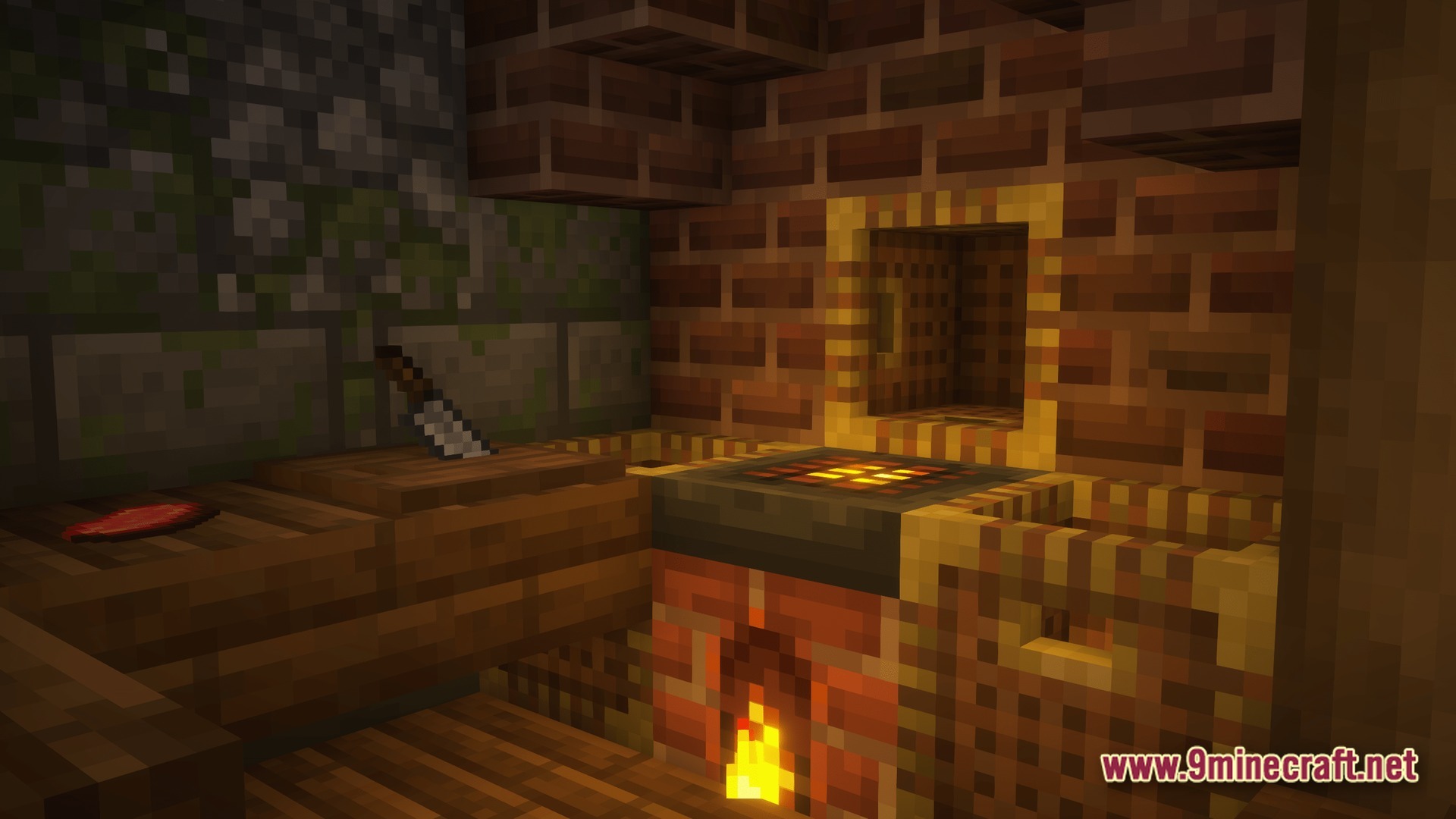 A rustic kitchen interior featuring a brick stove, cutting board, and a knife from Farmer's Delight