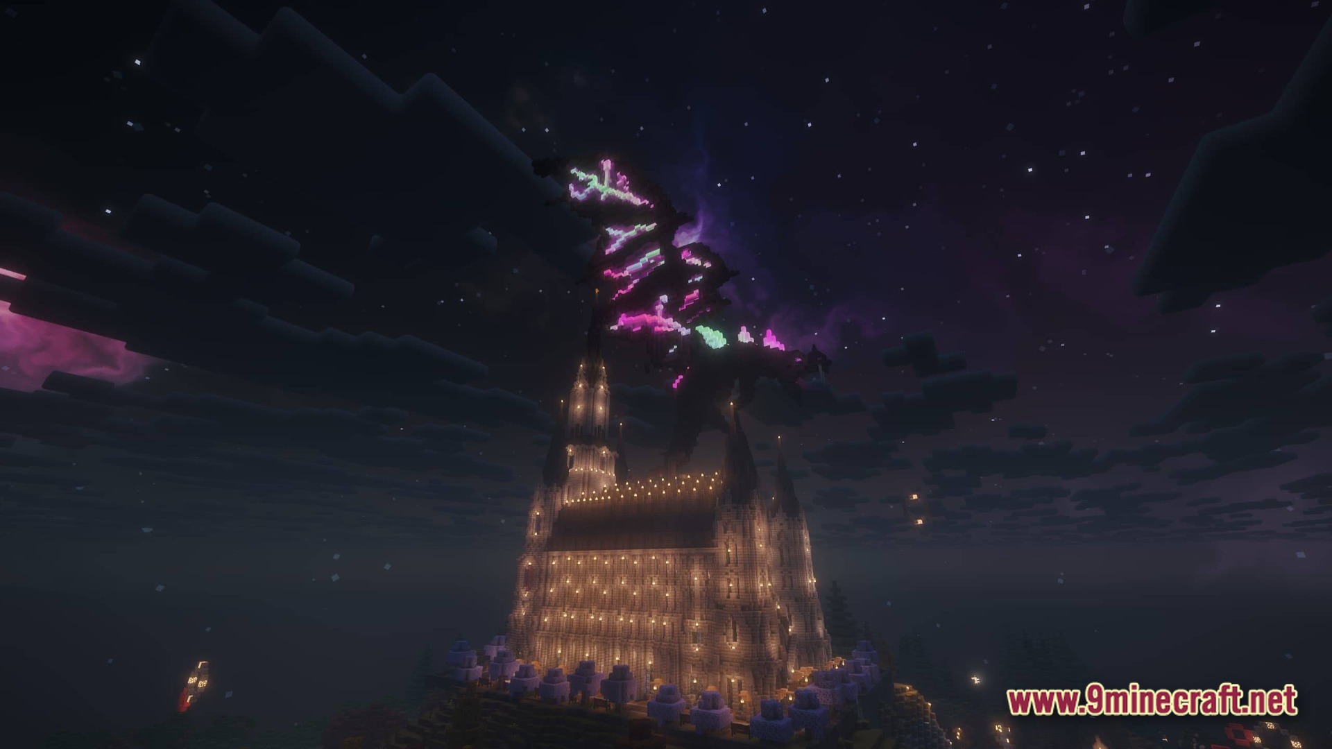 A large, glowing dragon flies over a lit stone cathedral at night in a modded landscape