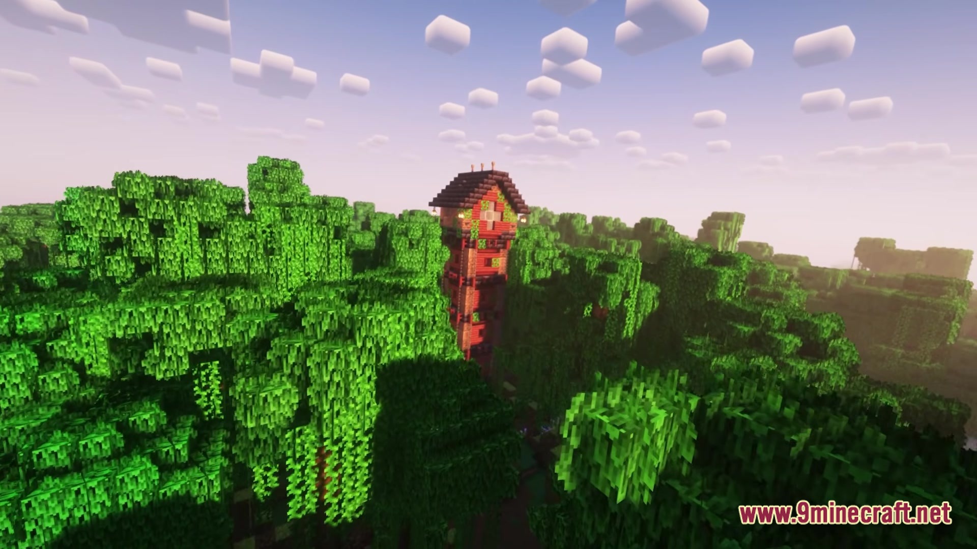 Better MC BMC5 Modpack Screenshot 5 A tall wooden tower structure stands prominently amidst a dense green forest under a bright sky